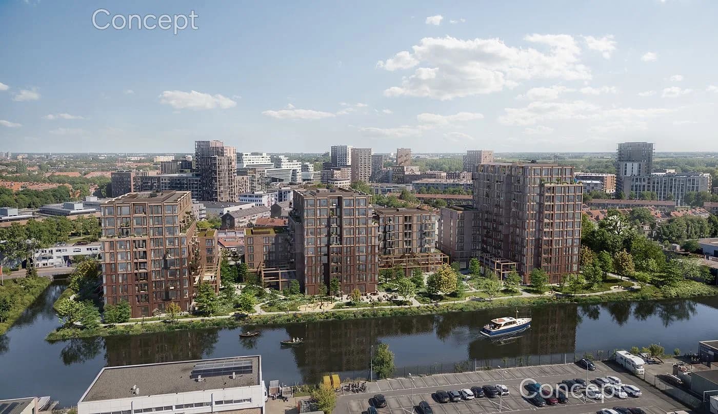HutSpot — luchtfoto van vier gebouwen aan de Trekvliet
