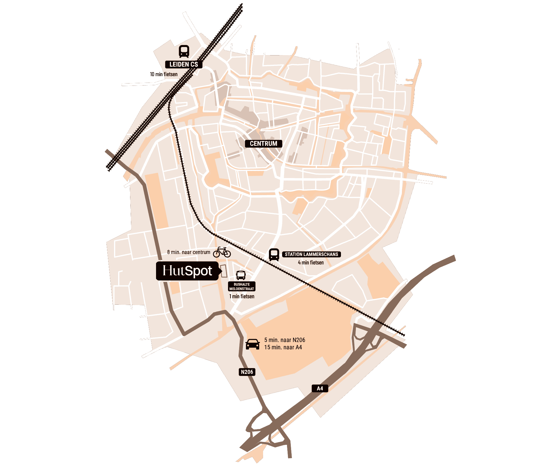 Kaart van Leiden met HutSpot locatie